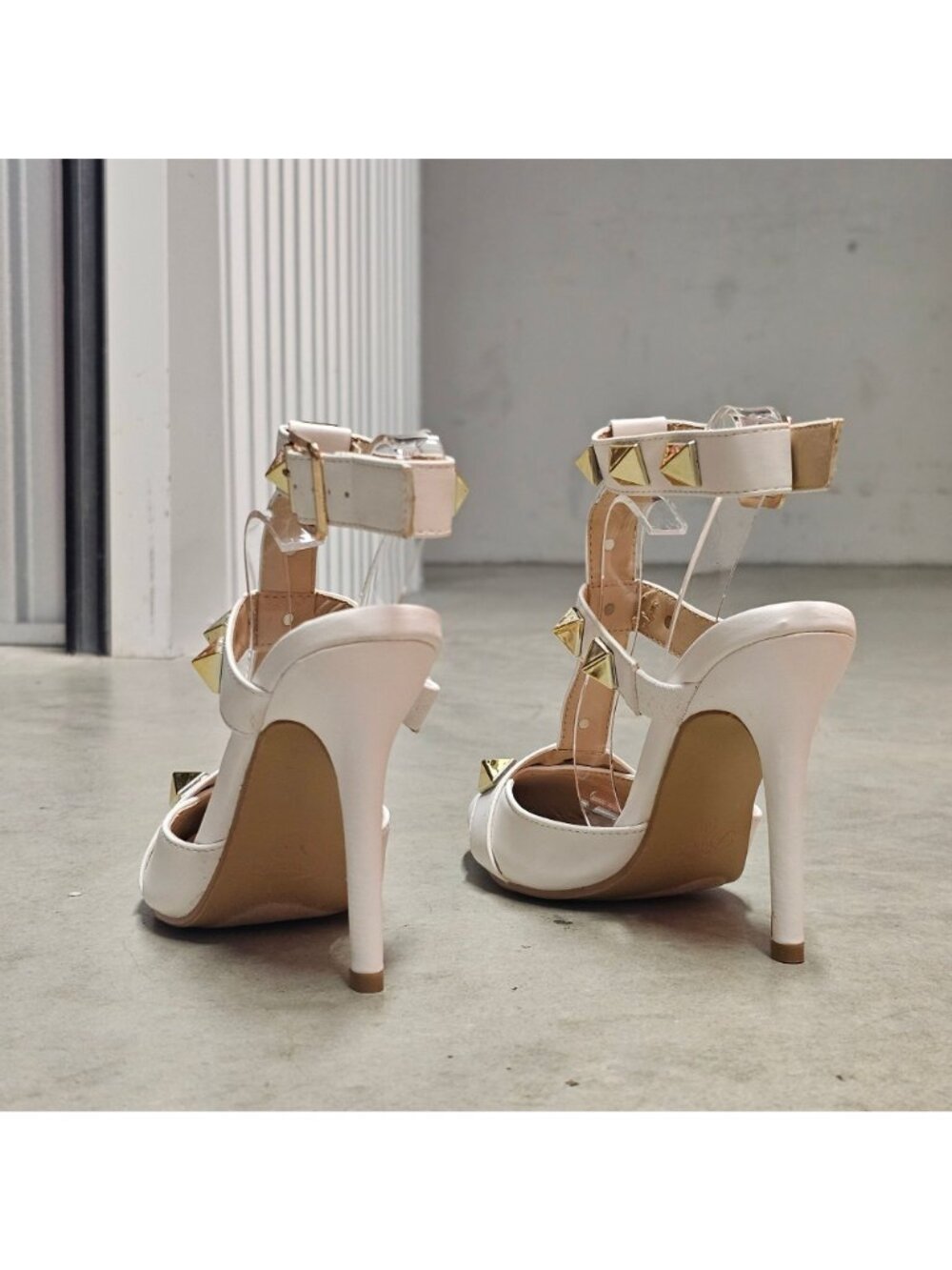 White Studded Pointed-Toe High Heels With Adjustable Buckle Strap & T-Strap Desi - Picture 12 of 15